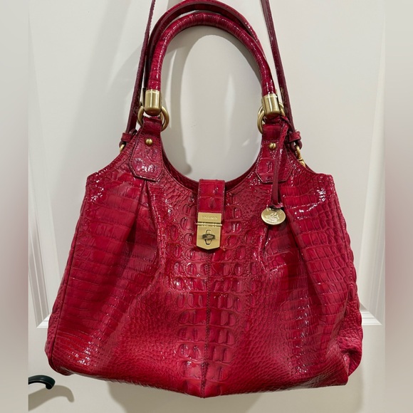 Brahmin Celia Heat Melbourne Bag Embossed Leather Satchel Dark Pink Violet Red - Picture 2 of 10
